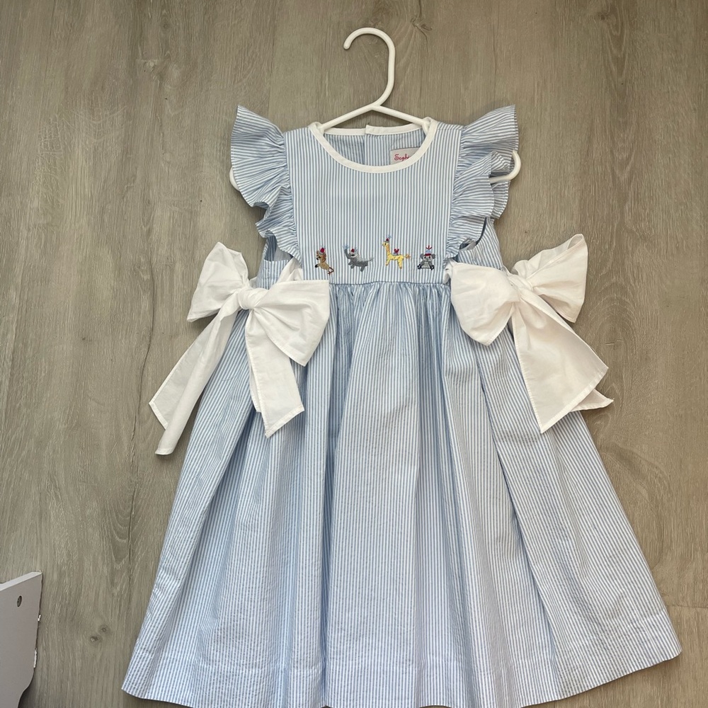 Blue and White Striped Dress with Animal Embroidery - Picture 3 of 4